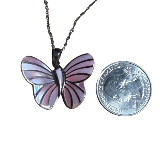 Mother of Pearl Inlayed Sterling Silver Butterfly Pendant on 18” Sterling Chain - Picture 2 of 3